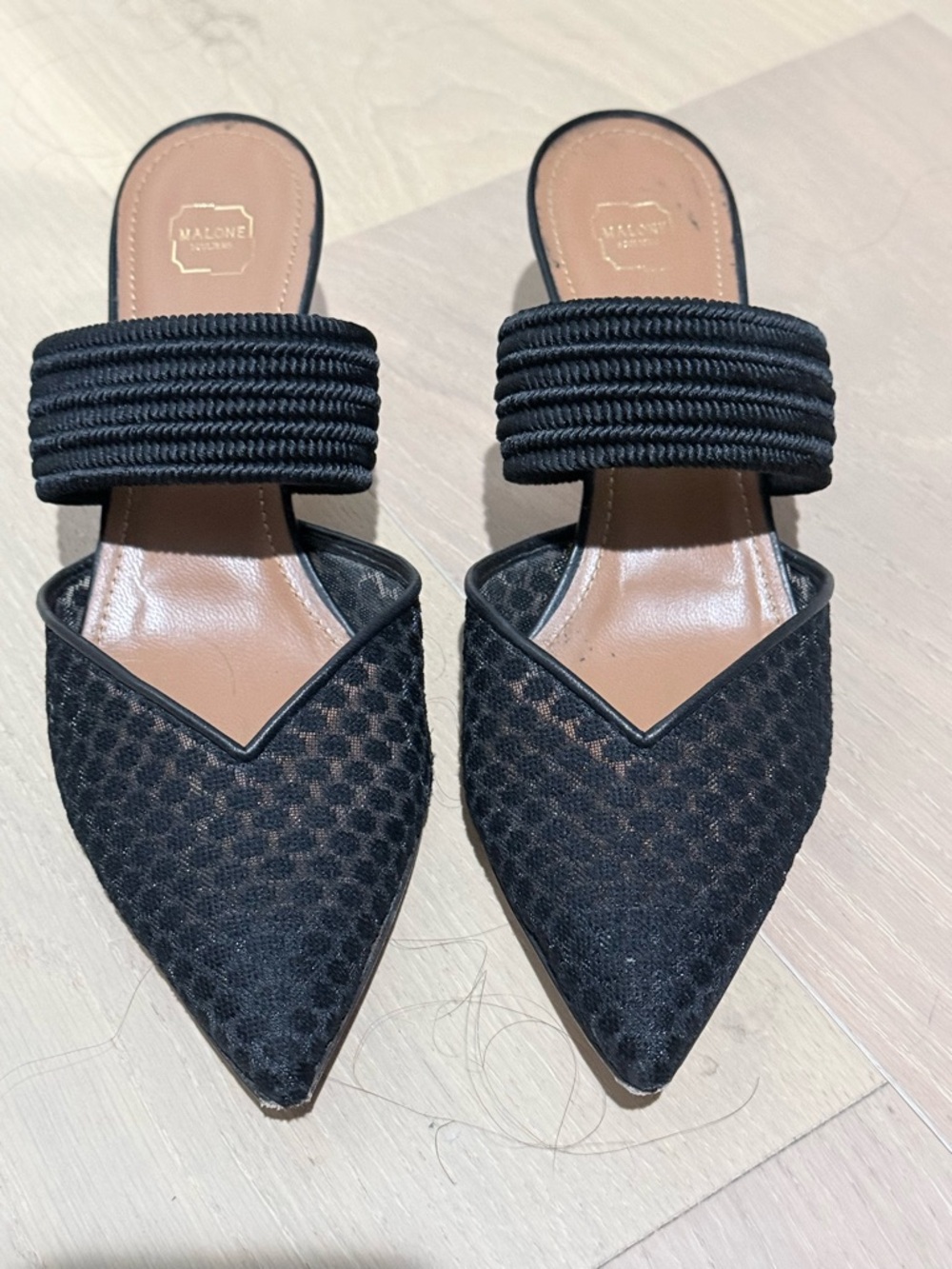 Malone Souliers Black Pointed Toe Slide Mules with elastic Strap